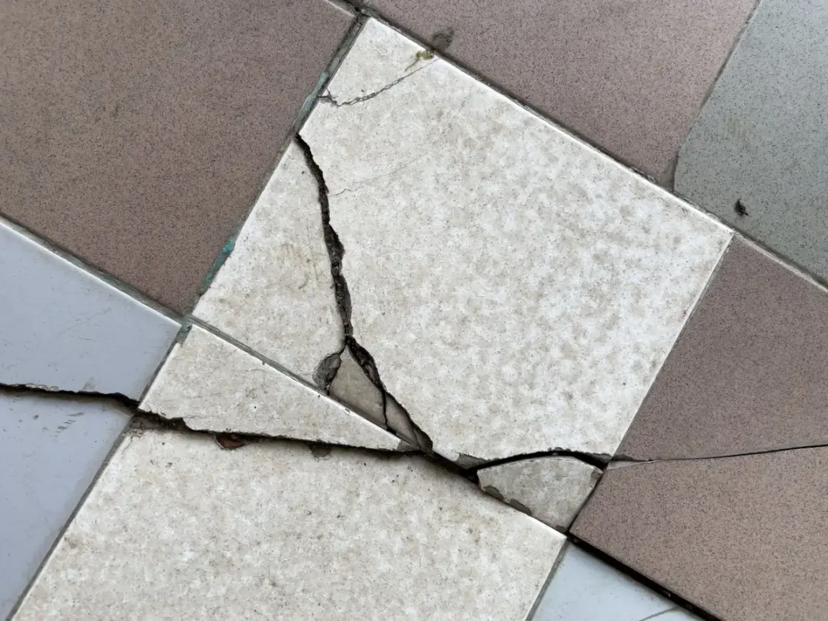 Un carreau de carrelage est brisé, montrant la nécessité de le changer.
