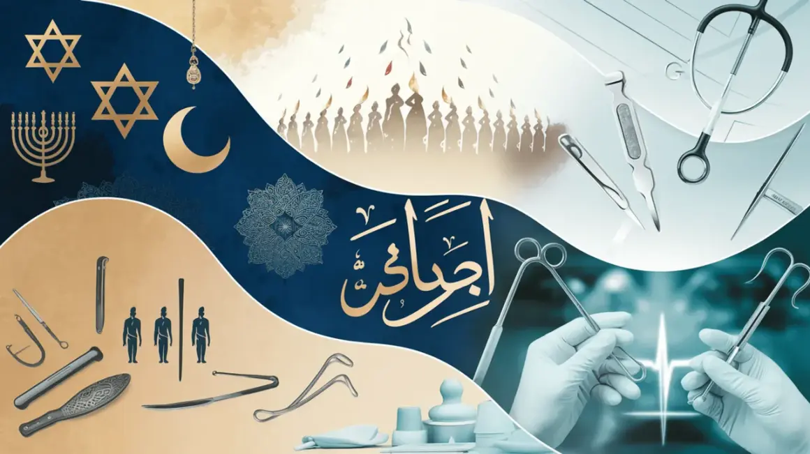 Symboles religieux et instruments chirurgicaux, évoquant la circoncision islam.