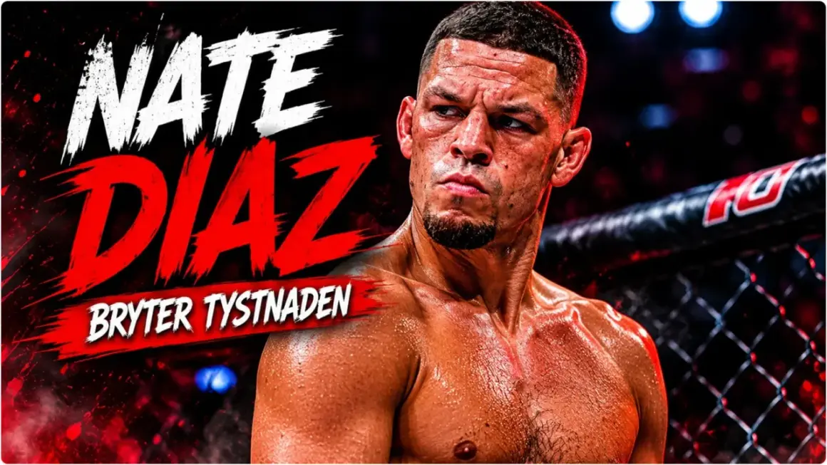 Nate Diaz, svettig och fokuserad, redo för sin nästa fight. Texten "BRYTER TYSTNADEN" antyder en kommande händelse.