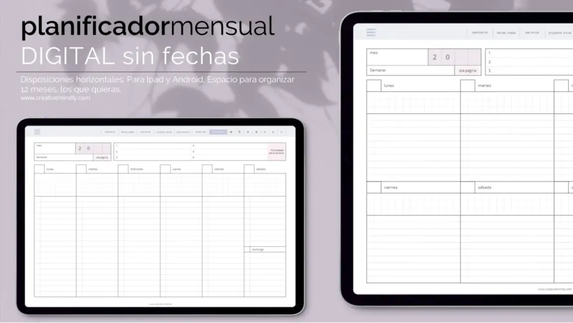 Planificador mensual digital sin fechas, ideal como calendario para rellenar en Ipad y Android. Organiza tu semana y tus prioridades.