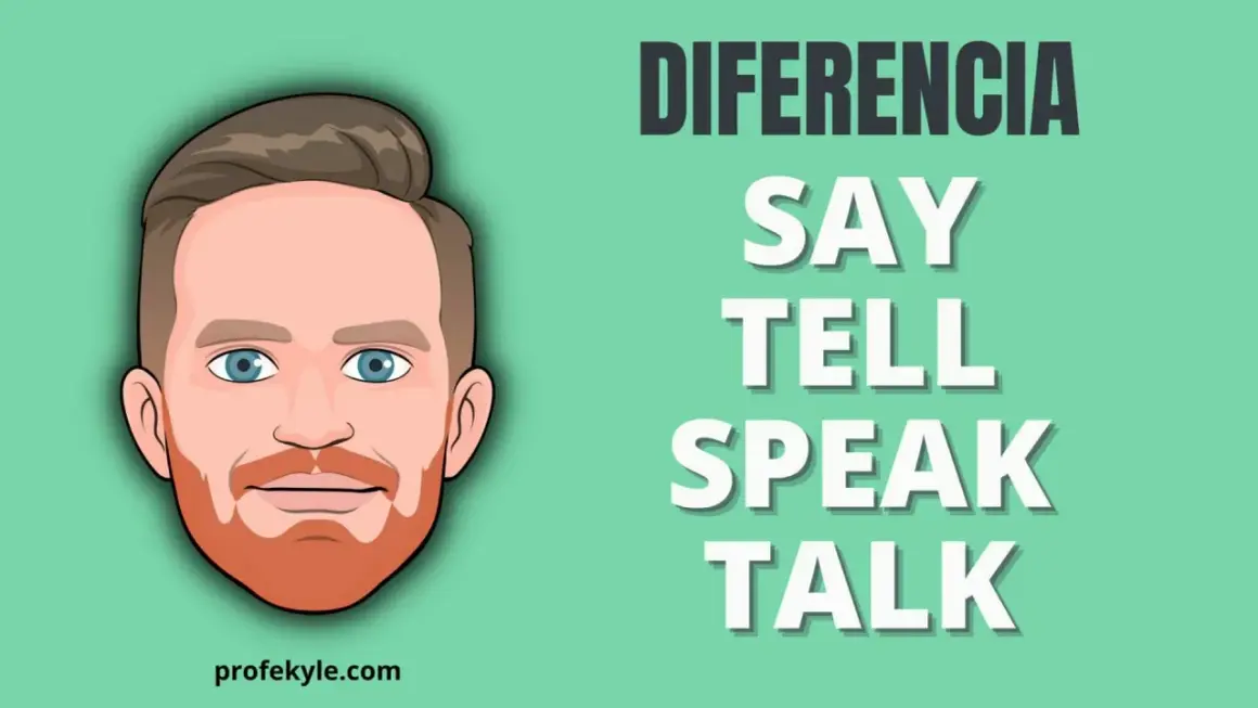 Ilustración de un hombre con texto que explica la diferencia entre speak y talk.