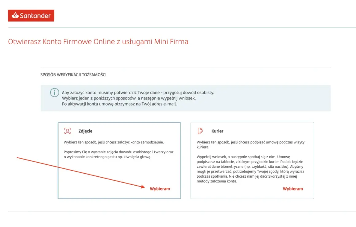 Otwierasz konto firmowe online bez kuriera. Wybierz weryfikację zdjęciem lub kurierem.