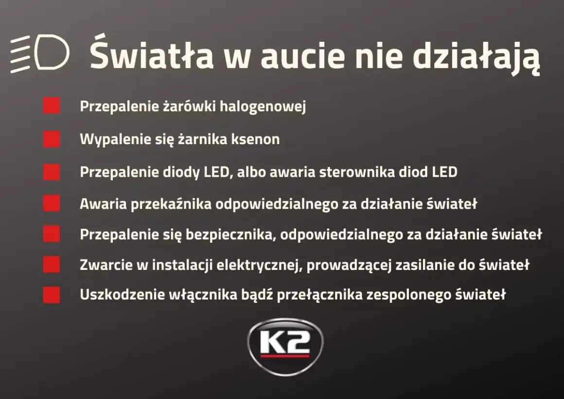 Lista przyczyn niedziałających świateł w aucie: przepalone żarówki, awaria przekaźnika, bezpiecznika, zwarcia, uszkodzenie włącznika.