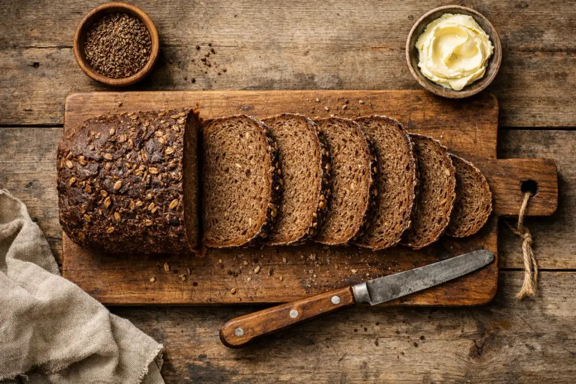 Schnittbrot mit Körnern auf Holzbrett, daneben Butter und Samen. Kalorienarme 2 scheiben schwarzbrot für ein gesundes Frühstück.