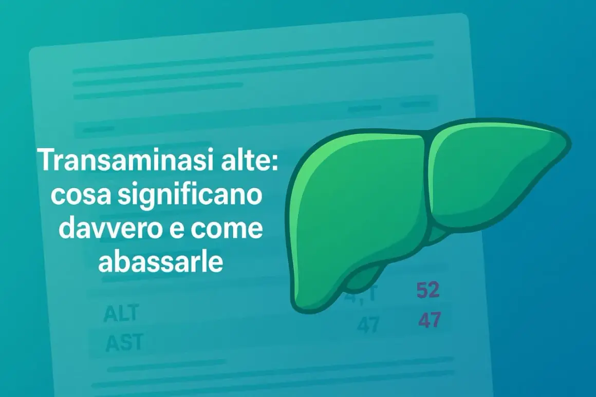 Fegato stilizzato accanto a testo che spiega cosa significano le transaminasi alte e come abbassarle velocemente.