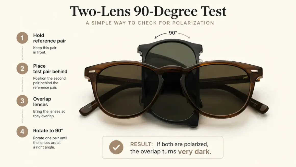 Zwei Sonnenbrillen werden übereinander gelegt und um 90° gedreht, um zu prüfen, ob sie polarisierte Sonnenbrille Nachteile haben.