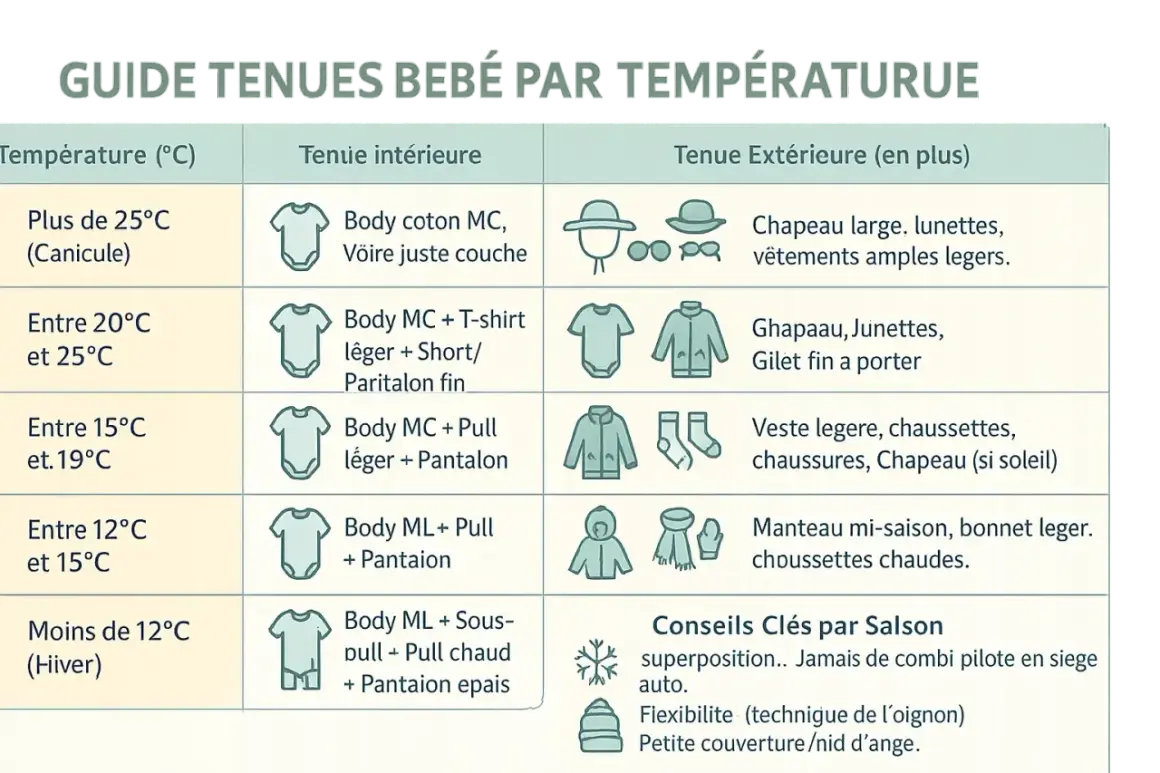 Guide pour comment s'habiller selon la température pour bébé : de la canicule à l'hiver, avec tenues intérieures et extérieures adaptées.