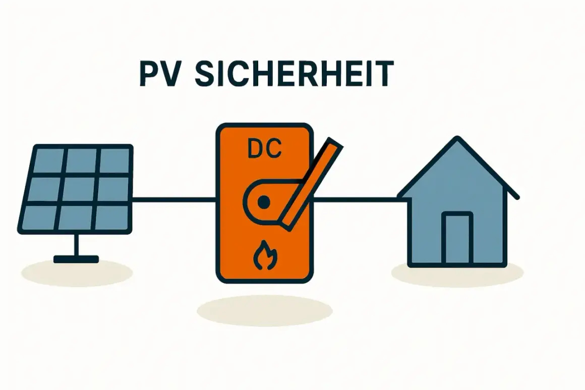 PV SICHERHEIT: Solarmodul, DC-Schalter mit Flammen-Symbol und Haus. Wichtig für den Brandschutz bei Photovoltaik-Anlagen.