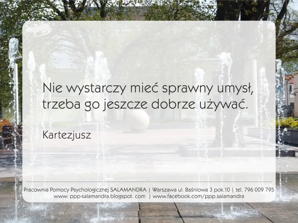 Cytat Kartezjusza: "Nie wystarczy mieć sprawny umysł, trzeba go jeszcze dobrze używać." Woda tryska z fontanny.