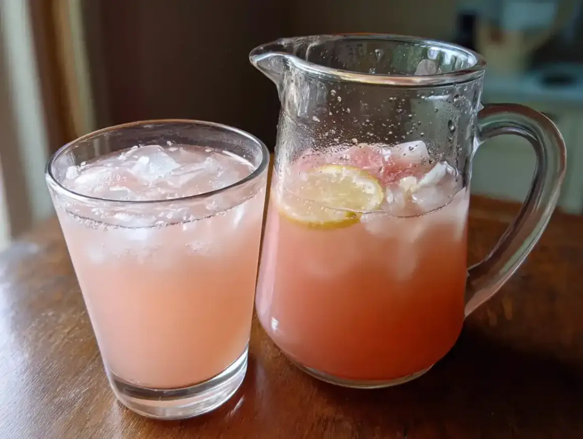 En glas och en karaff fyllda med rosa, isig dryck med citronskivor. Perfekt för enkla drinkar en varm dag.