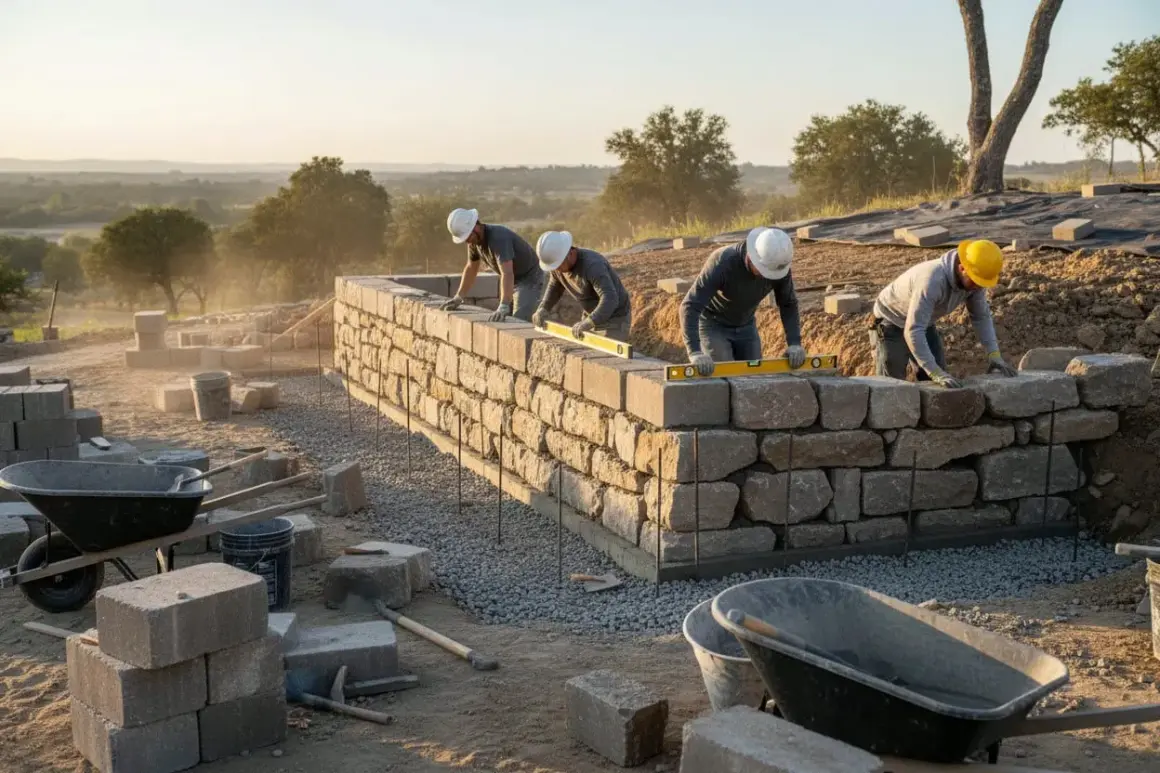 Operai costruiscono muri di contenimento in pietra, usando livelle per garantire la precisione. Il paesaggio collinare sullo sfondo suggerisce un progetto di paesaggistica.