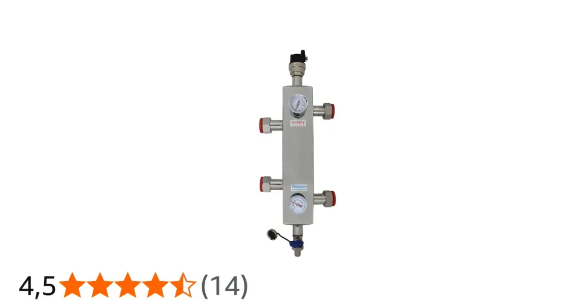 Bouteille de découplage en métal avec manomètres, étiquettes "Supply" et "Return", et raccords.