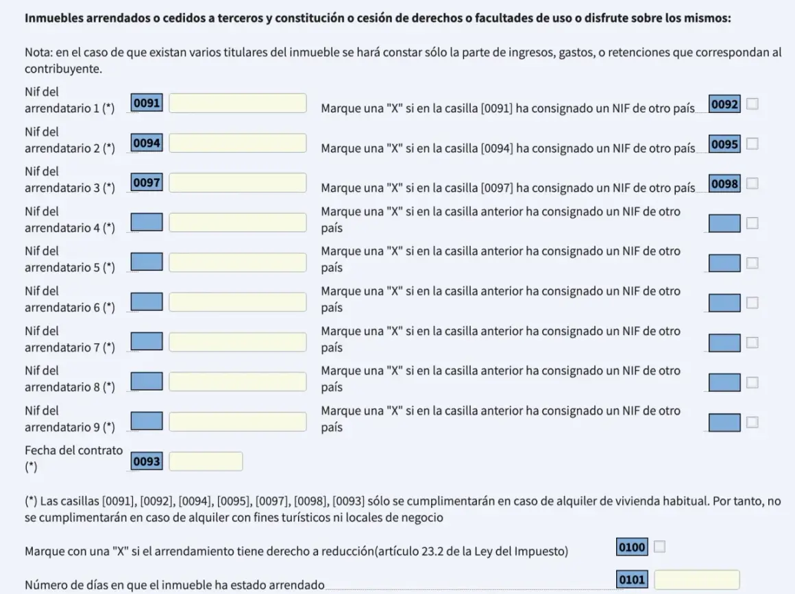 Formulario para declarar alquileres. Si alquilo un piso, tengo que declararlo. Se registran datos del arrendatario y del contrato.