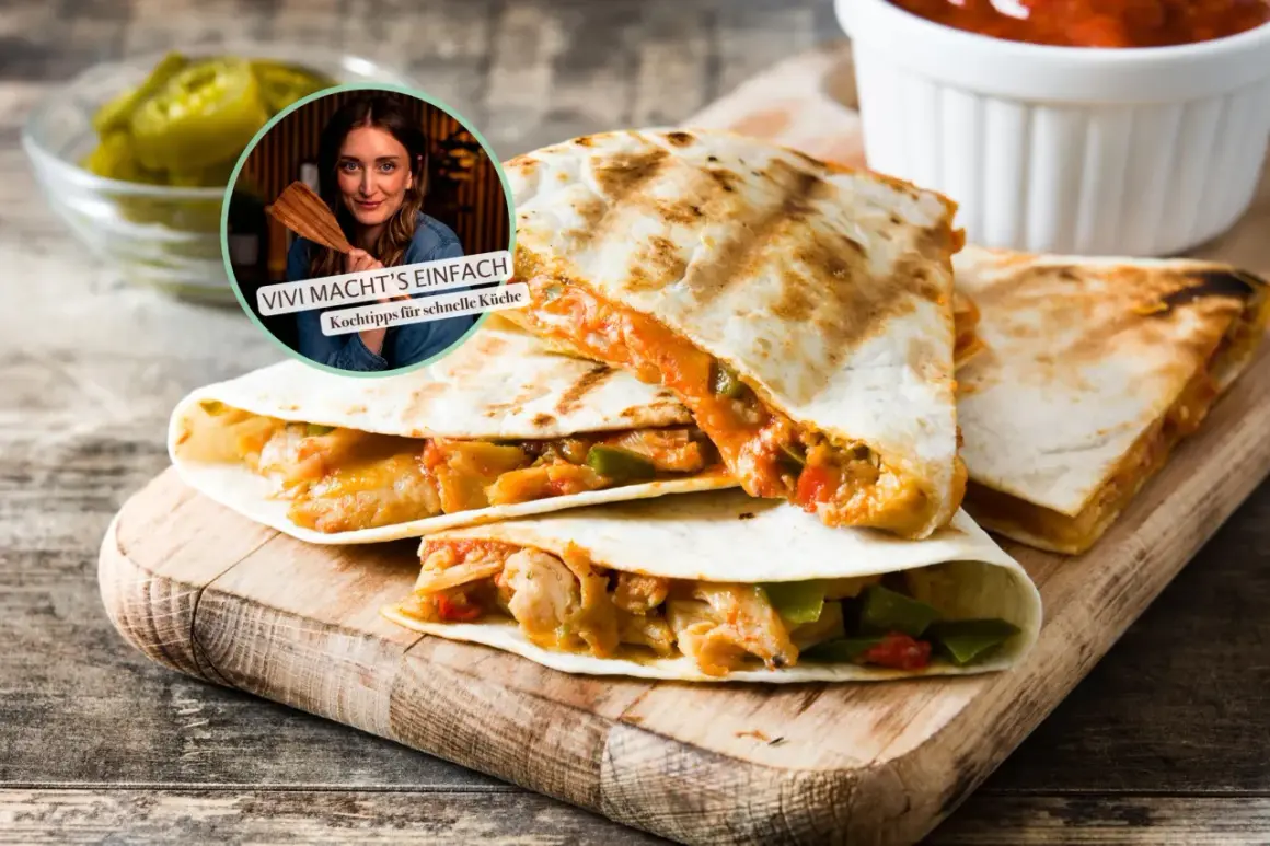 Gefüllte Quesadillas mit Hähnchen und Gemüse, ein Beispiel für gesunde Mahlzeiten, die schnell zubereitet sind.