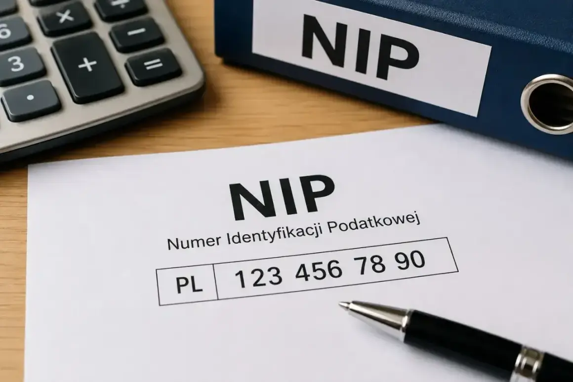 Dokument z numerem NIP, kalkulator i długopis. To numer identyfikacji podatkowej, czyli NIP.