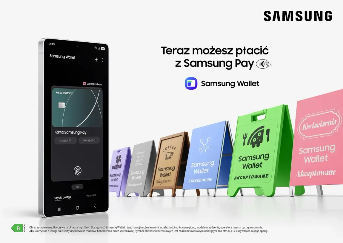 Telefon z aplikacją Samsung Wallet i kartą Samsung Pay. Wiele szyldów sklepów z napisem "Samsung Wallet Akceptowane".