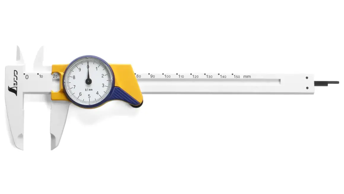 Pied à coulisse à cadran blanc et jaune, montrant les différents types de mesure de précision.
