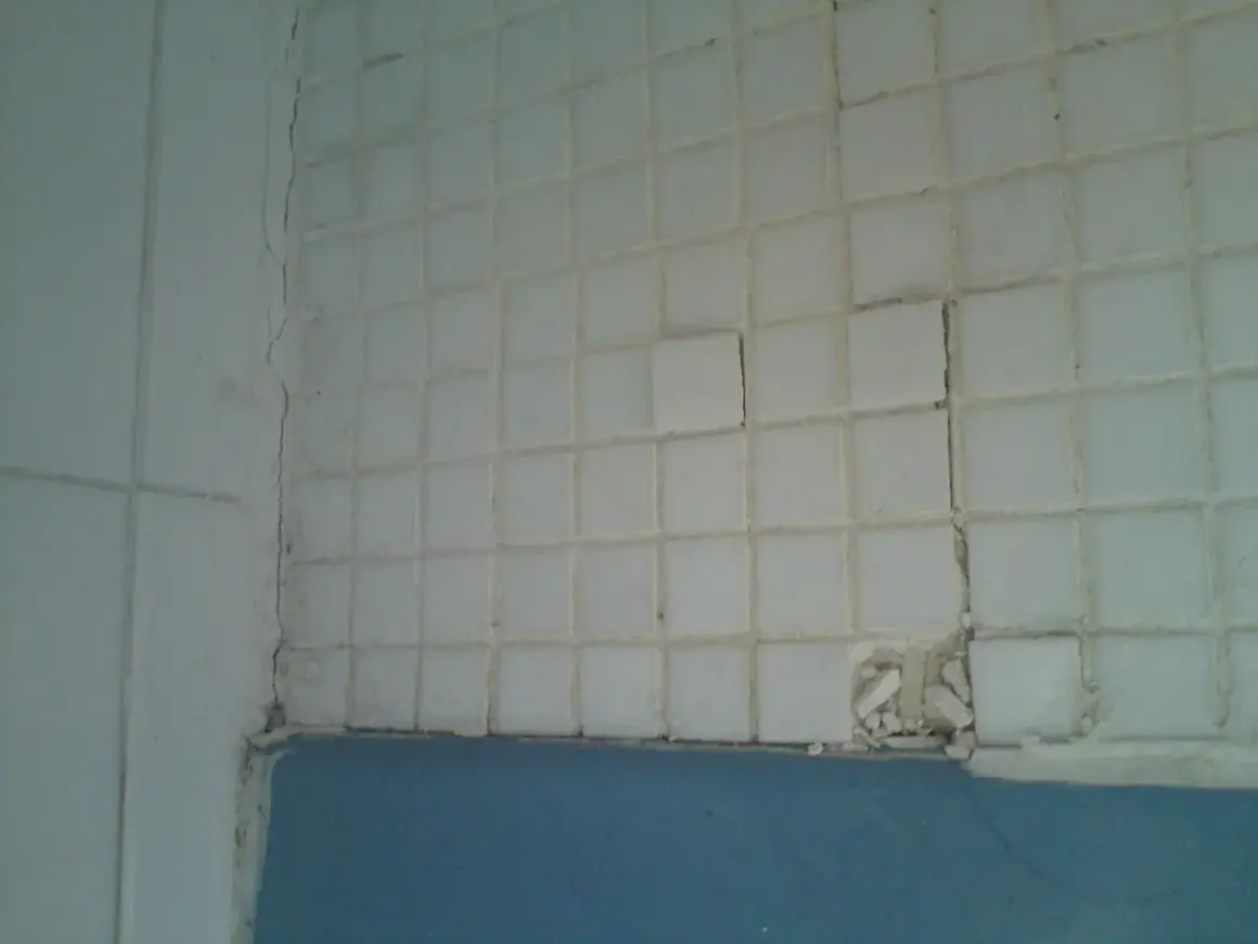 Carrelage blanc qui se décolle, craquelé et endommagé par l'humidité. Des carreaux sont cassés, révélant le mur derrière.