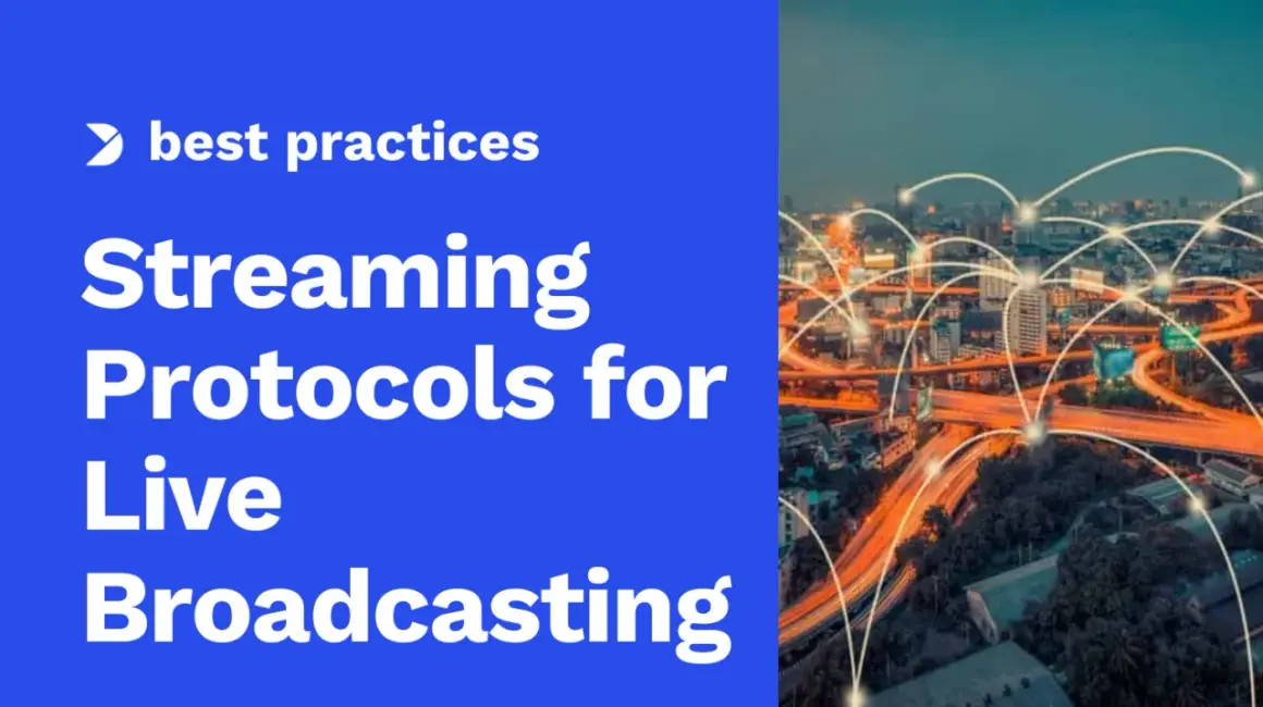 Best practices for live broadcasting, exploring the nuances of streaming protocol. A city at night with glowing network connections overlaid.