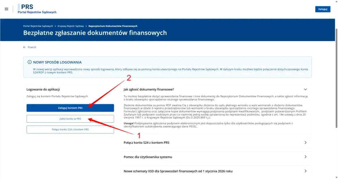 Zgłaszanie sprawozdań finansowych online. Zaloguj się lub załóż konto, by przesłać dokumenty.