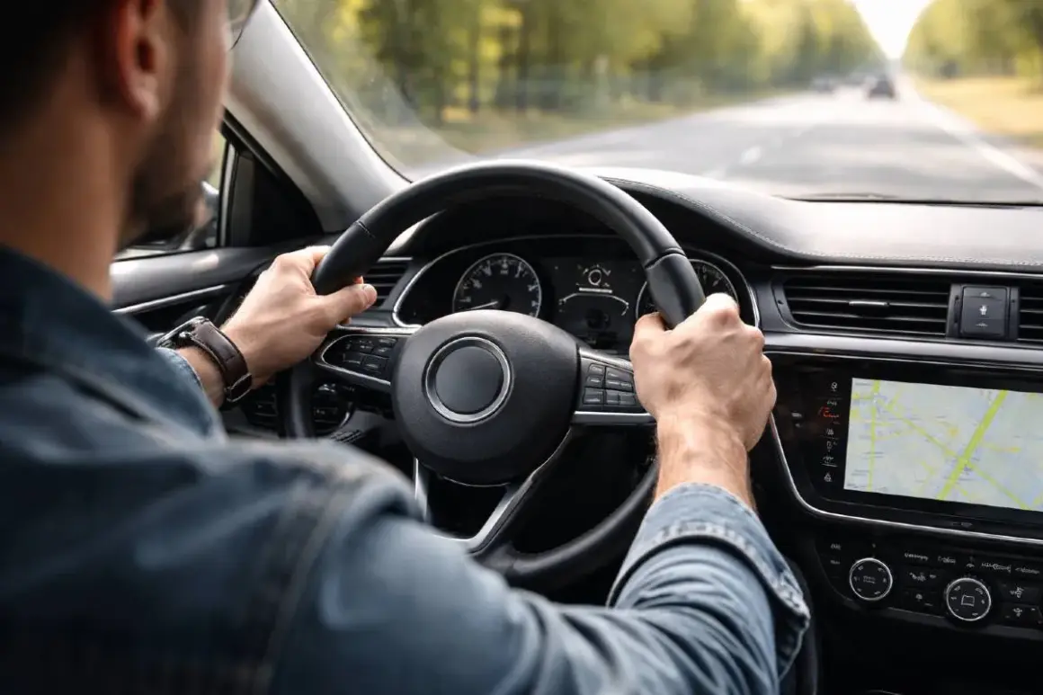 Mężczyzna prowadzi samochód, czuć drgania kierownicy przy 120 km/h. Na ekranie nawigacja.