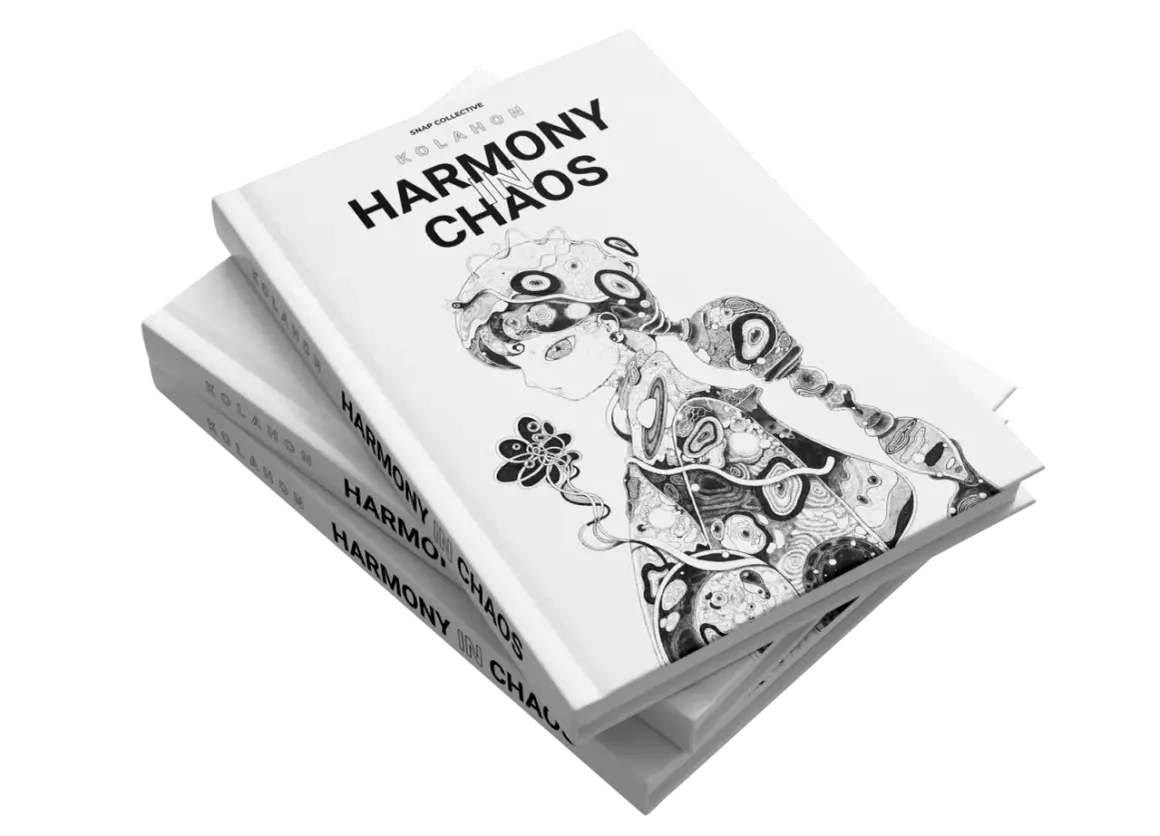 Stack of books titled "Harmony in Chaos" with a black and white illustration of a stylized figure.