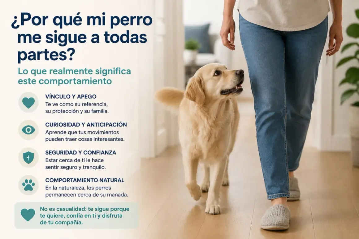 Un perro golden retriever sigue a su dueño, explicando por qué mi perro me sigue a todas partes: por vínculo, curiosidad, seguridad y comportamiento natural.