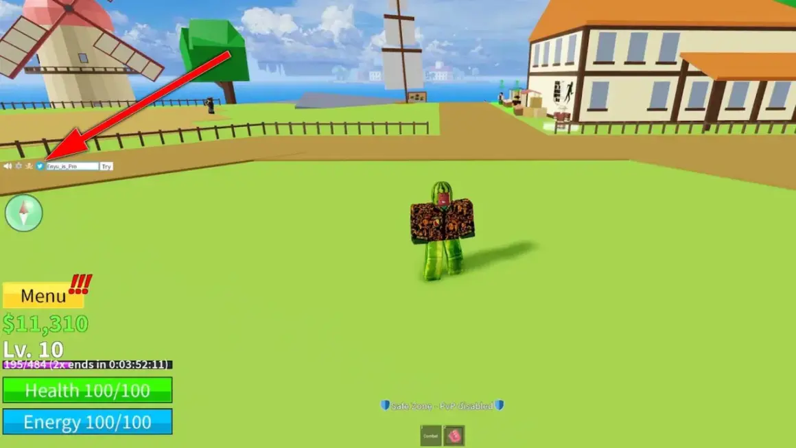 Ein Spieler in Blox Fruits mit Wassermelonen-Outfit. Ein Pfeil zeigt auf das Eingabefeld, wo man einen blox fruit code eingeben kann.