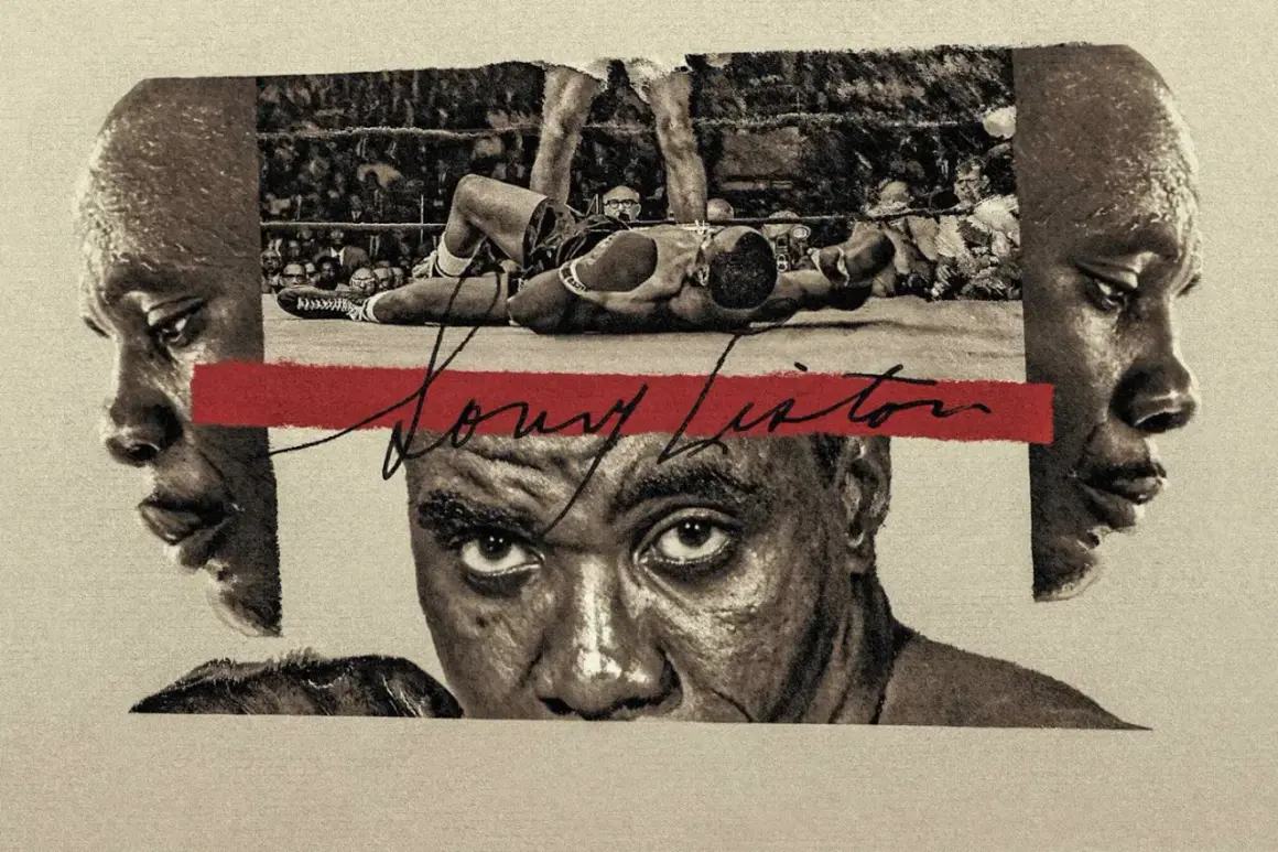 A collage of boxing legend Sonny Liston, featuring his intense gaze, profile shots, and a dramatic in-ring moment.