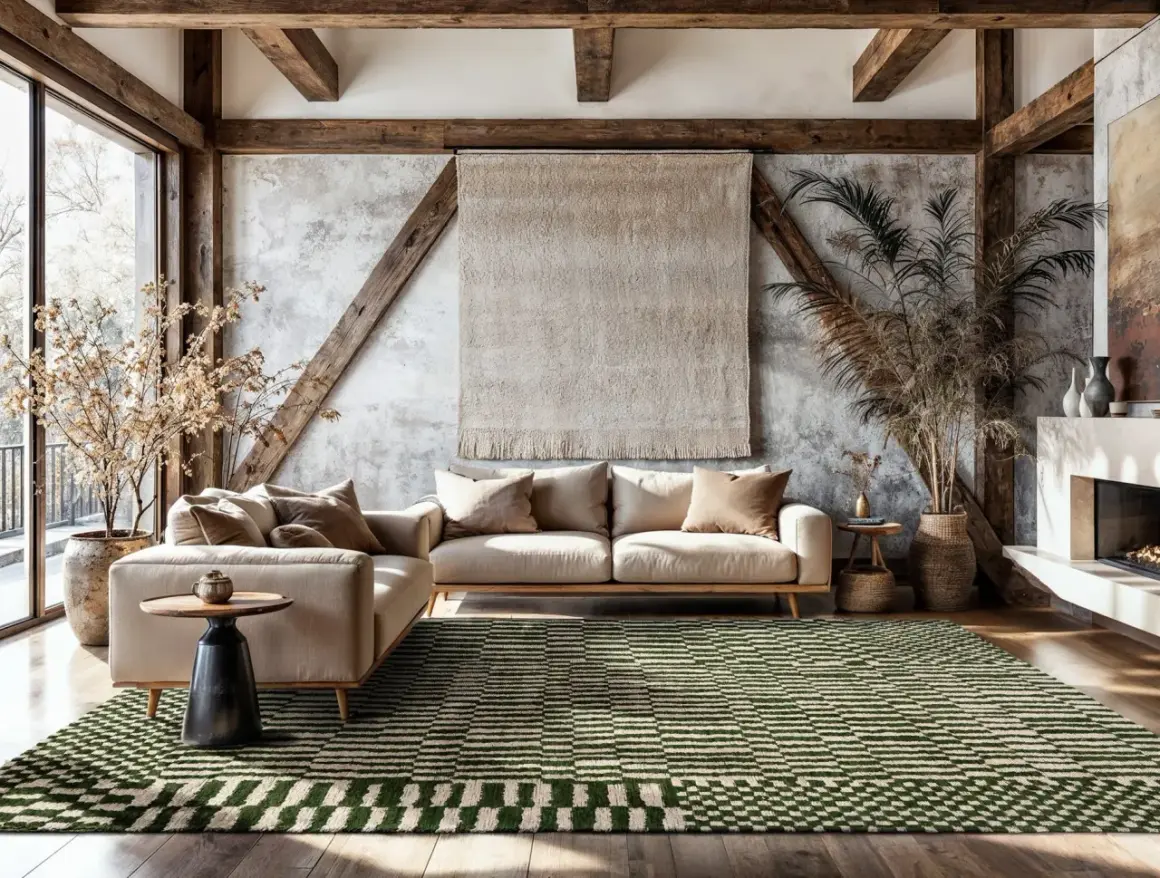 Ein grüner Teppich mit geometrischem Muster liegt auf einem dunklen Holzboden. Dahinter stehen helle Sofas vor einer rustikalen Wand.