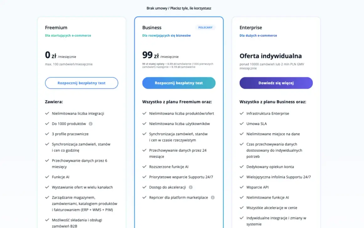 Porównanie planów cenowych: Freemium, Business i Enterprise. Dowiedz się, baselinker co to za narzędzie do e-commerce.