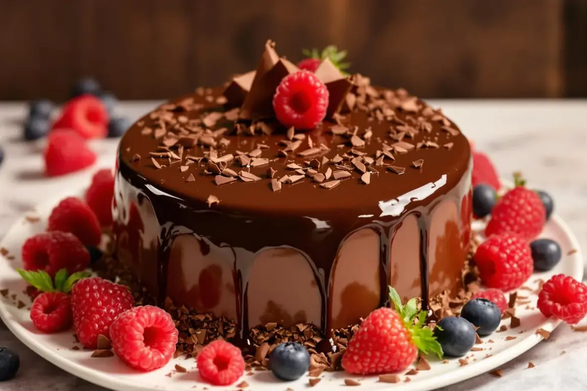 Gâteau au chocolat brillant, décoré de framboises, myrtilles et copeaux de chocolat. Un délice qui fait penser à c'est quoi le beurre de cacao.