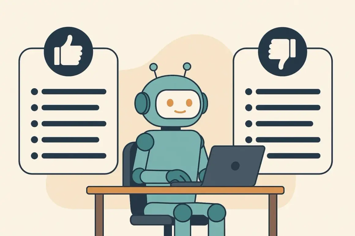 Uśmiechnięty robot przy laptopie, z listami "za" i "przeciw" po bokach. Chatoo analizuje dane.