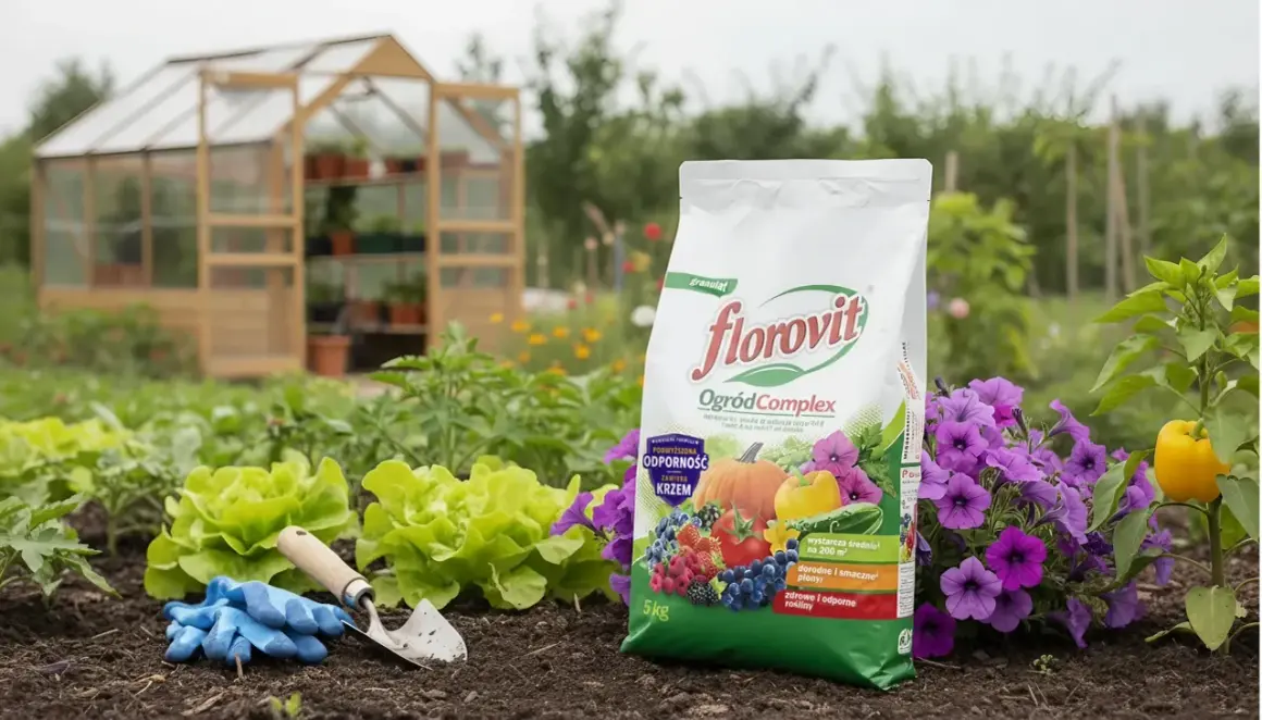 Torba nawozu Florovit OgrodComplex na tle grządki z warzywami, kwiatami i szklarnią.