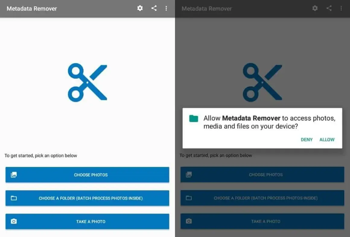 Android app "Metadata Remover" prompts for permission to access photos, media, and files. Options include choosing photos, a folder, or taking a photo.