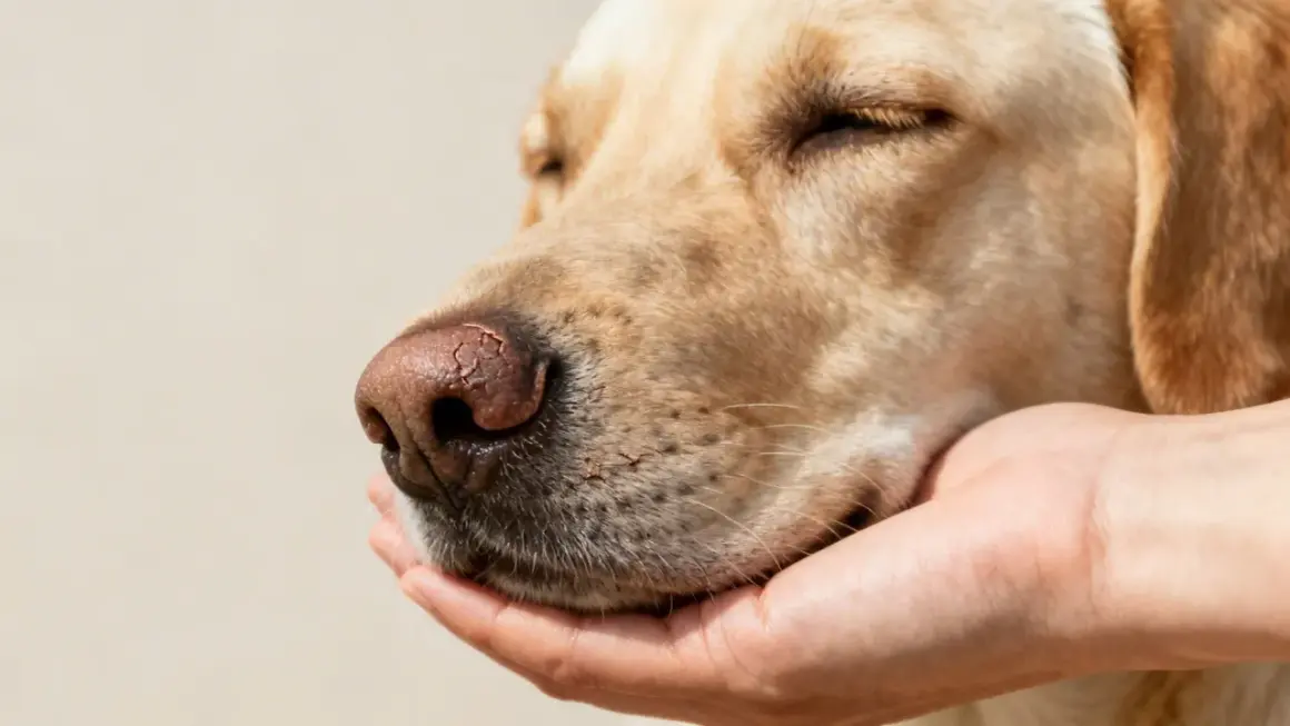 Primer plano de un perro con nariz seca, sostenida por una mano.