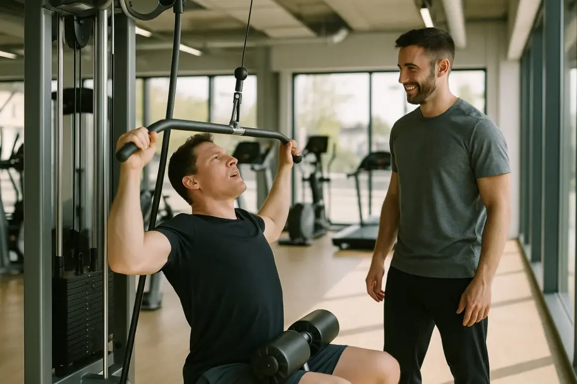 Mann trainiert am Latzug, sein Trainer lächelt. Vielleicht lernt er für sein Fernstudium Fitnesstrainer.