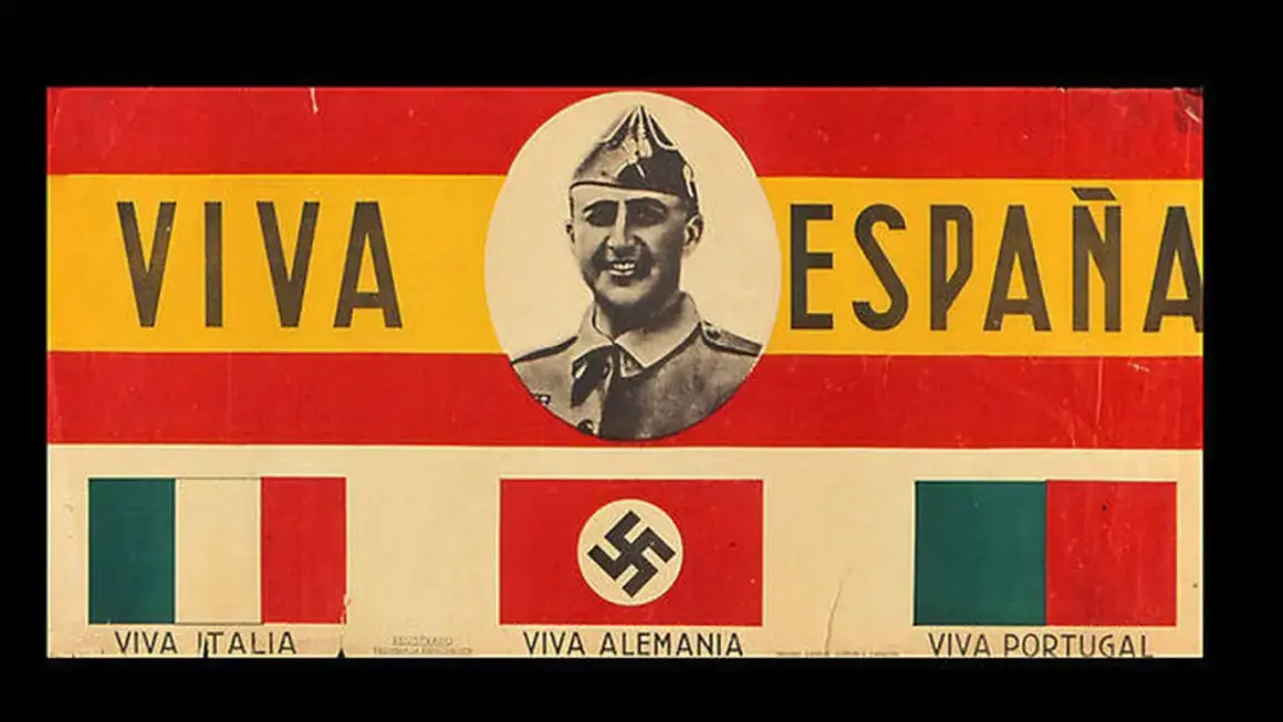 Cartel propagandístico: "Viva España" con retrato de Franco, y banderas de Italia, Alemania nazi y Portugal. España en la Segunda Guerra Mundial.