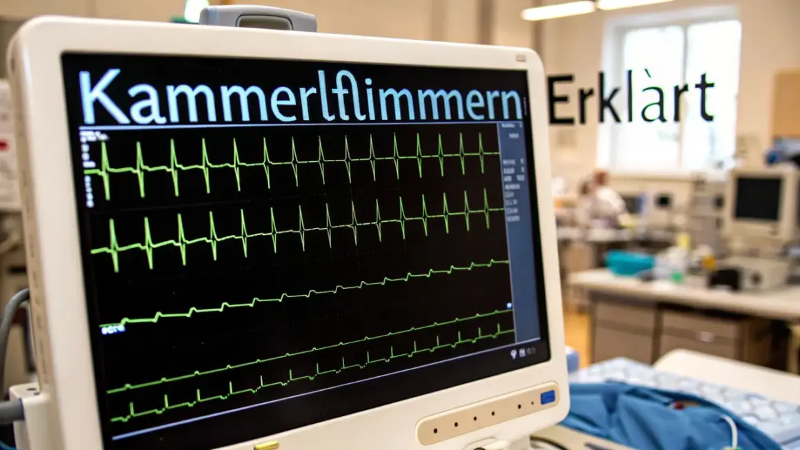 EKG-Monitor zeigt "Kammerflimmern erklärt". Grüne Herzschlagkurven auf schwarzem Bildschirm. Schnelle Hilfe ist entscheidend.