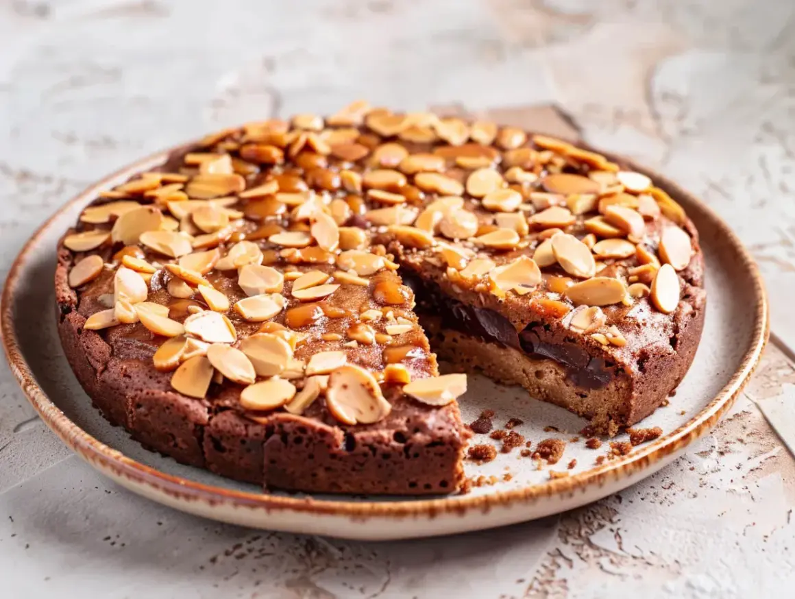 En saftig kladdkaka med mandelflagor och kolasås. En riktigt nyttig kladdkaka som passar perfekt till fikat.