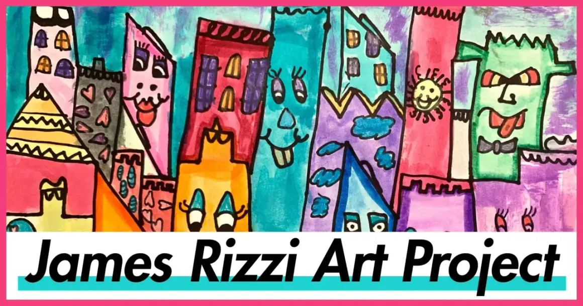 A vibrant, whimsical cityscape in the style of James Rizzi art, featuring colorful buildings with faces and playful details.