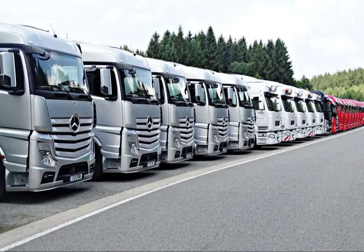 Rangée de camions Mercedes-Benz argentés et blancs, prêts pour le transport. La réglementation stationnement poids lourds est respectée.