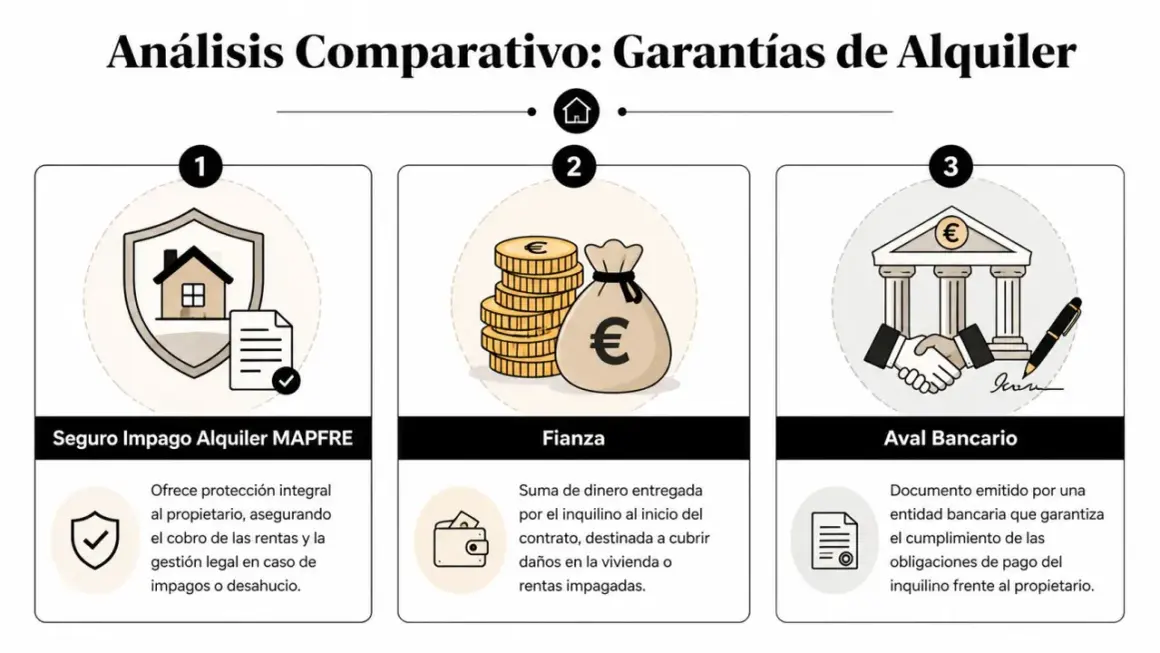Análisis comparativo de garantías de alquiler: seguro, fianza y aval bancario. Cada opción ofrece protección para el alquiler.
