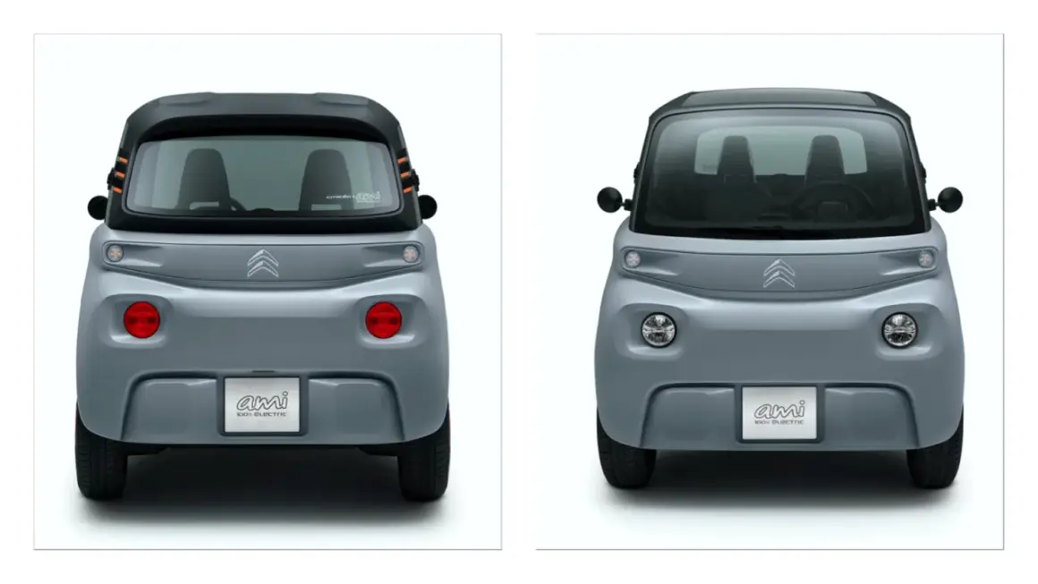Dwa Citroëny Ami, jeden z tyłu, drugi z przodu. Kompaktowe, elektryczne auta miejskie.