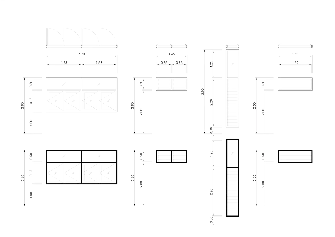 Planos de ventanas con sus medidas estandar. Se muestran diferentes tipos y dimensiones para su instalación.