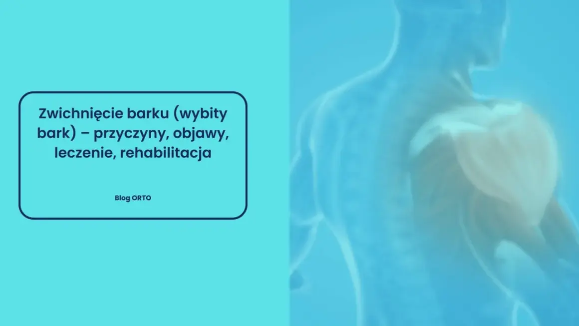 Zwichnięcie barku (wybity bark) – przyczyny, objawy, leczenie, rehabilitacja. Grafika przedstawia zarys ludzkiego ramienia z uwypuklonym stawem barkowym.