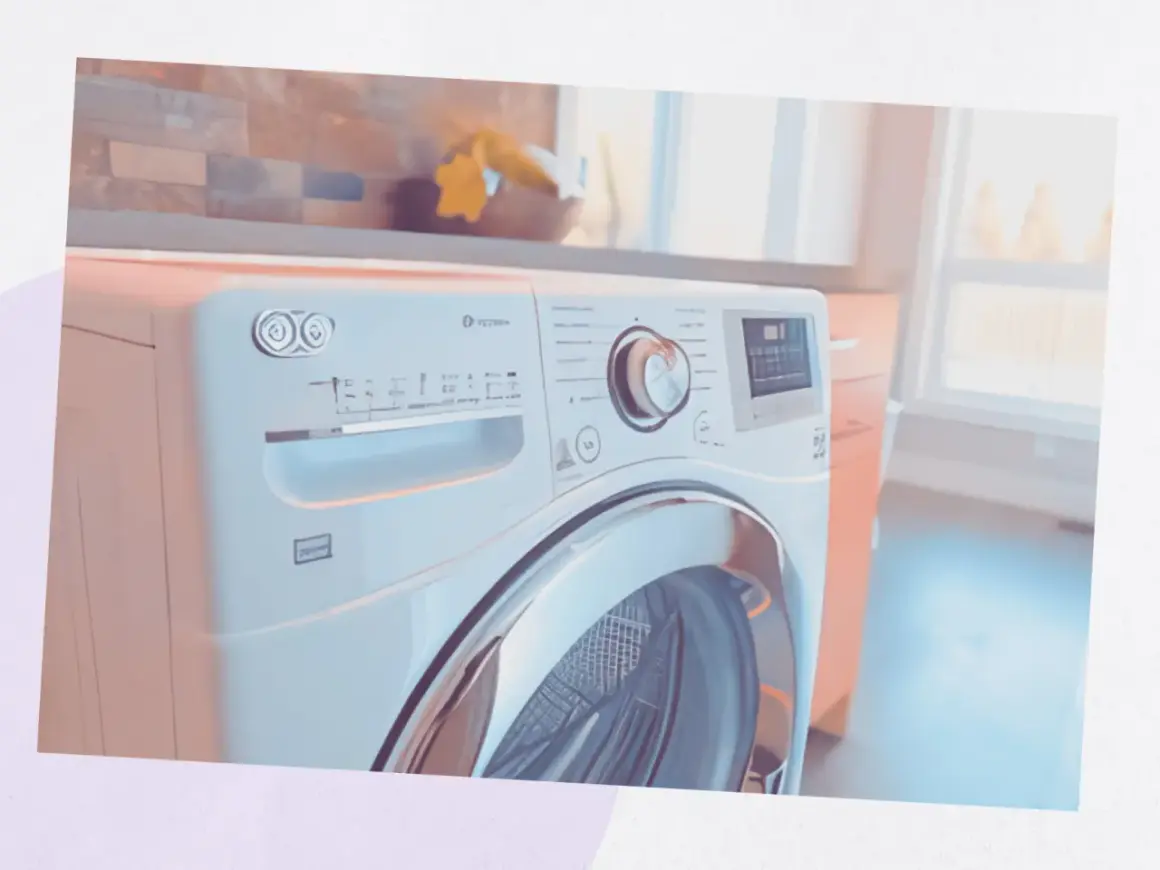 Un sèche-linge moderne dans une buanderie. Il est blanc avec une porte en verre chromé. Le panneau de commande est visible, avec un cadran et des boutons. On se demande combien de temps dure un sèche-linge pour un cycle complet.
