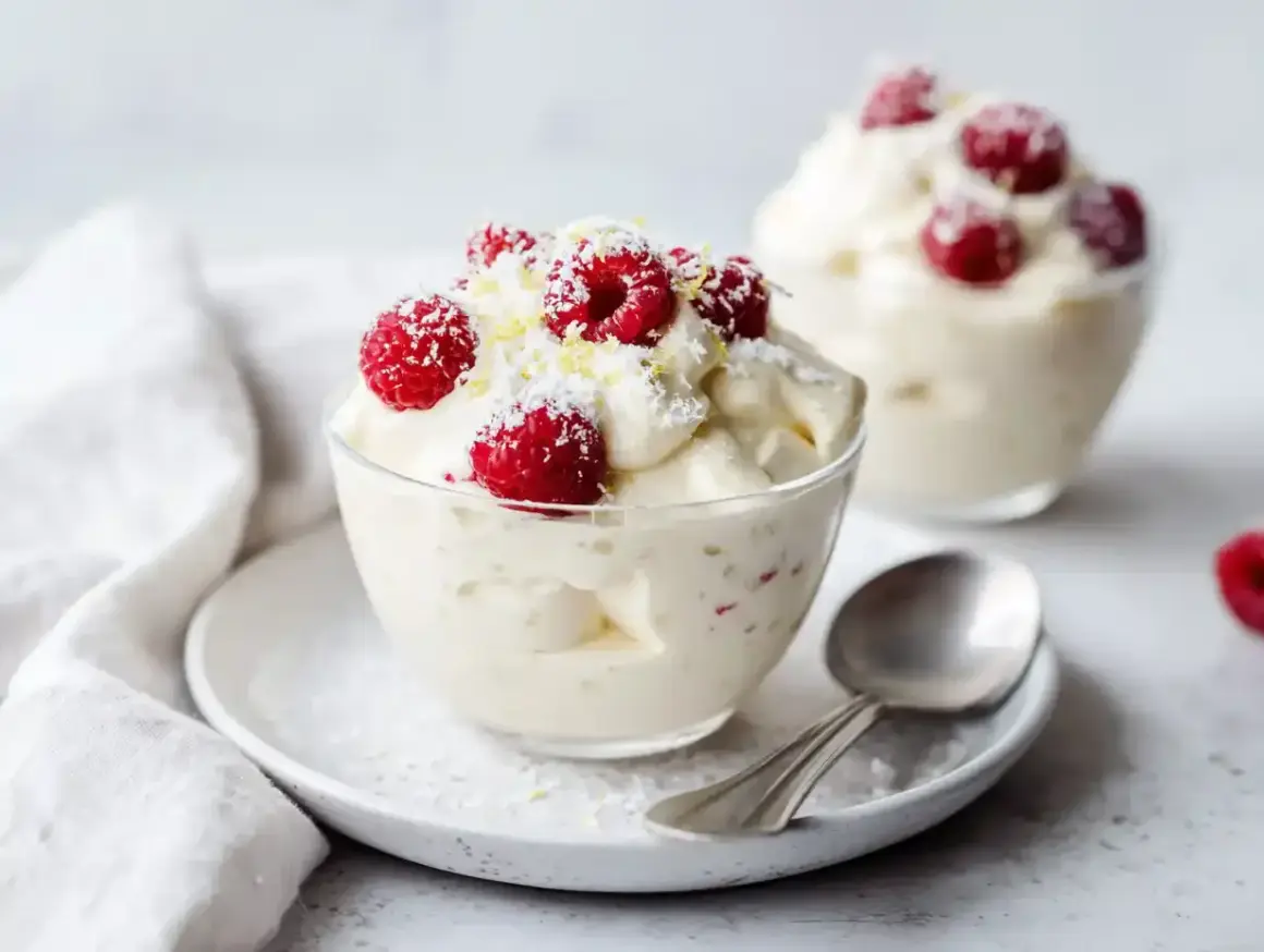 Lätt och fluffig vispad pannacotta tårta med färska hallon och kokosflingor. En perfekt sommardessert.