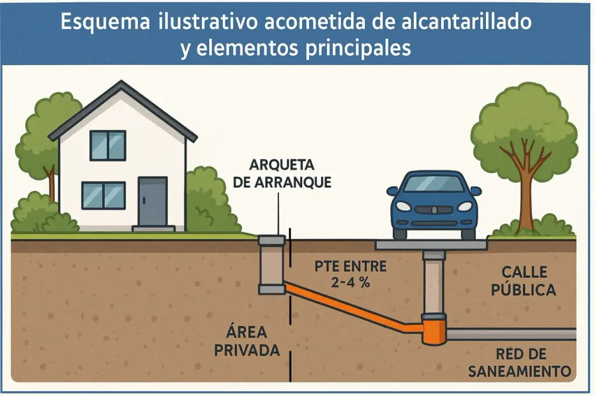 Ilustración de las instalaciones de saneamiento de una vivienda, mostrando la arqueta de arranque, la tubería con pendiente y la conexión a la red pública.