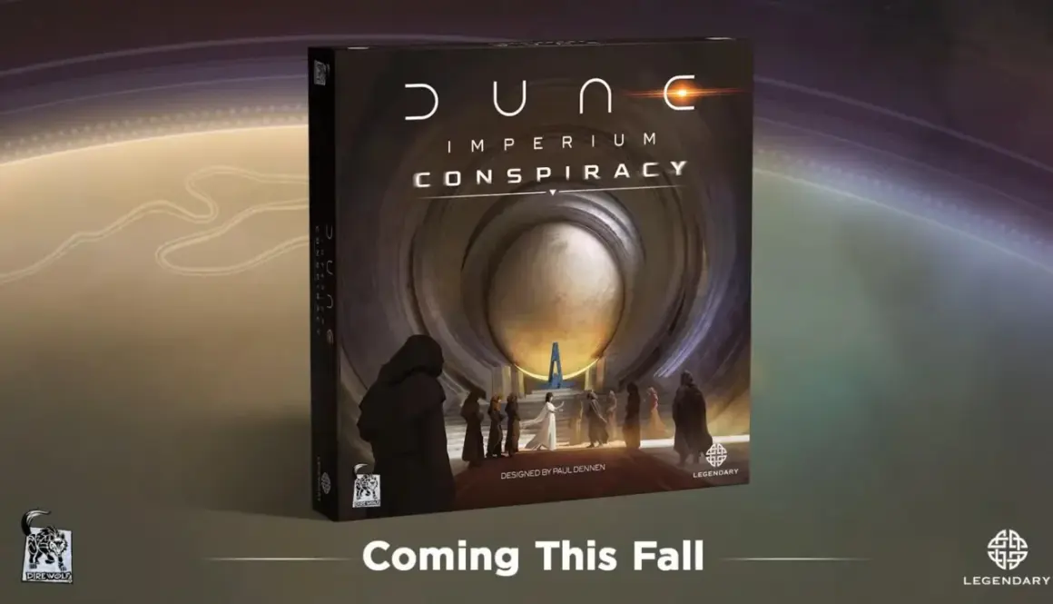 Gra Dune: Imperium Conspiracy. Na okładce członkowie zakonu w szatach stoją przed tajemniczą, monumentalną budowlą.